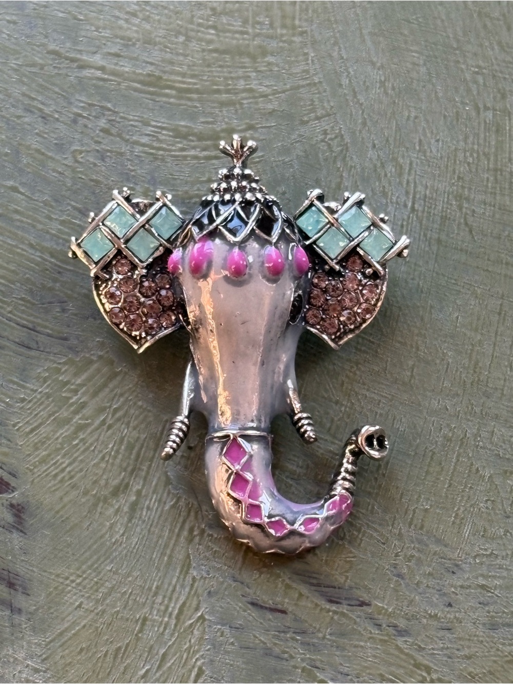 Silver Elephant Trunk Brooch with Pink and Aqua Accents